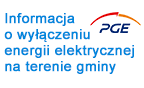 Grafika przedstawia logo PGE oraz napis "Informacja o wyłączeniu energii elektrycznej na terenie gminy"