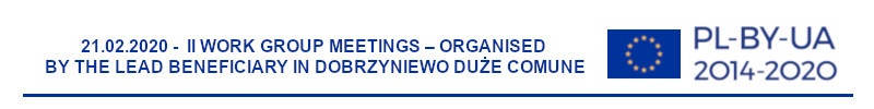 Grafika przedstawia napis: 21.02.2020 - II Work group meetings - organised by the lead beneficiary in Dobrzyniewo Duże comune