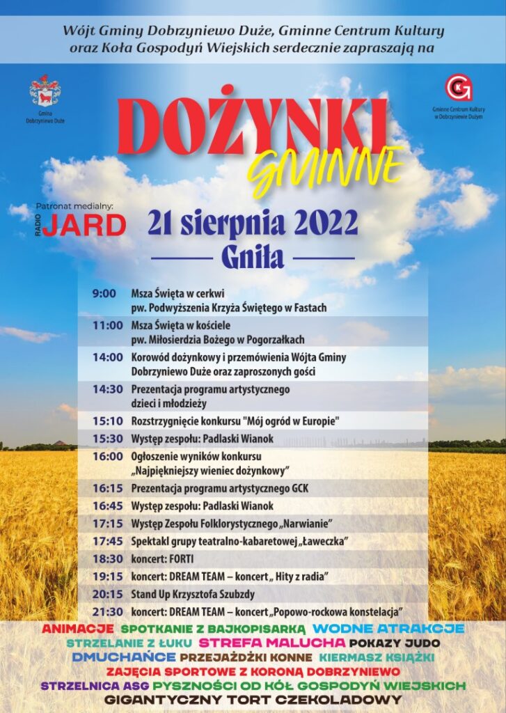 plakat informacyjny z programem Dożynek Gminnych z błękitnym niebem i żółtym polem z łanami zboża w tle