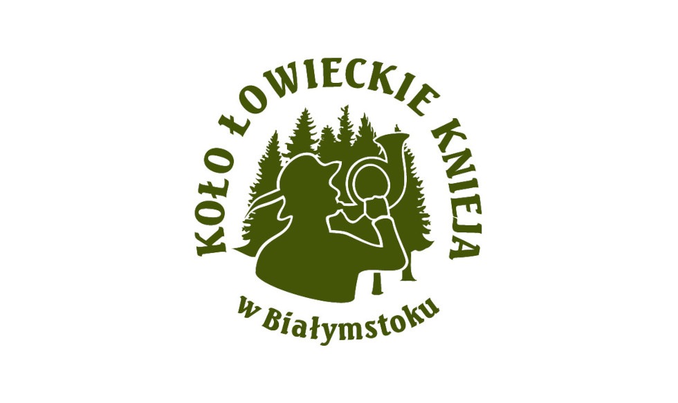 Logo Koła Łowieckiego Knieja - Myśliwy z trąbką na tle lasu