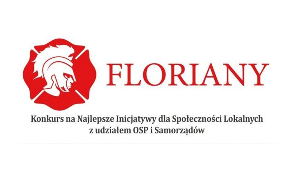 Logo strażak na czerwonym tle obo napis FLORIANY, Poniżej napis konkurs na najlepsze inicjatywy dla społeczności lokalnych z udziałem OSP i Samorządów