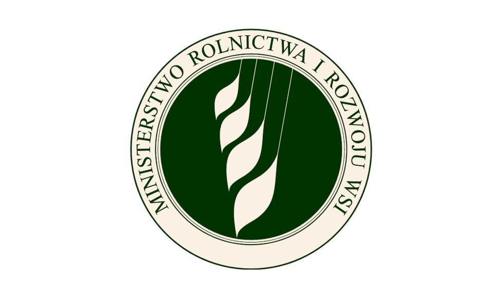 Logo Ministerstwa Rolnictwa i Rozwoju Wsi.Logo to zielony koło z białą obwódką. Wewnątrz koła znajduje się biały liść z zielonym obrysem. Tekst “MINISTERSTWO ROLNICTWA I ROZWOJU WSI” jest napisany białymi literami w górnej części koła.