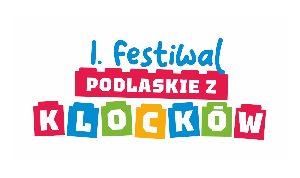 logo festiwalu - napis “1. Festiwal Podlaskie z Klocków” w kolorze niebieskim, zielonym, żółtym i czerwonym.