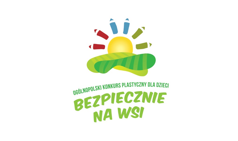 Obraz przedstawia kolorowy logotyp słońca umieszczonego na zielonej powierzchni, otoczonego przez kolorowe kredki. Poniżej znajduje się tekst w Ogólnopolski konkurs plastyczny dla dzieci bezpieczeństwo na wsi.