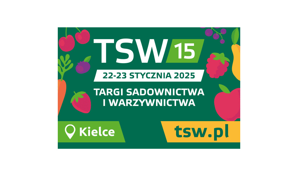 baner reklamujący targi sadownictwa i warzywnictwa, zielone tło, z prawej i lewej strony rysunki warzyw