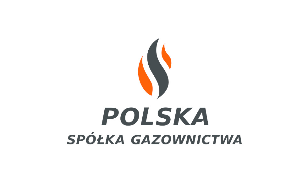 Logo POLSKA SPÓŁKA GAZOWNICTWA – stylizowany płomień w kolorach pomarańczowym i szarym, obok nazwa firmy, symbolizujące działalność gazowniczą w Polsce