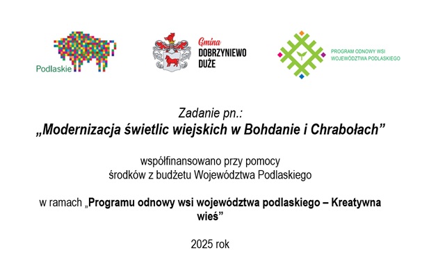 Grafika promująca projekt „Modernizacja świetlic wiejskich w Bohdanie i Chrabołach” realizowany w ramach Programu Odnowy Wsi Województwa Podlaskiego – Kreatywna Wieś. Widoczne logotypy: Województwo Podlaskie, Gmina Dobrzyniewo Duże oraz Program Odnowy Wsi. Projekt współfinansowany z budżetu Województwa Podlaskiego, rok realizacji: 2025