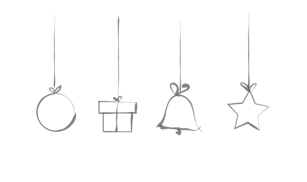 Czarno-biała ilustracja czterech wiszących ozdób świątecznych: bombki, prezentu, dzwonka i gwiazdy, zawieszonych na sznurkach z kokardkami