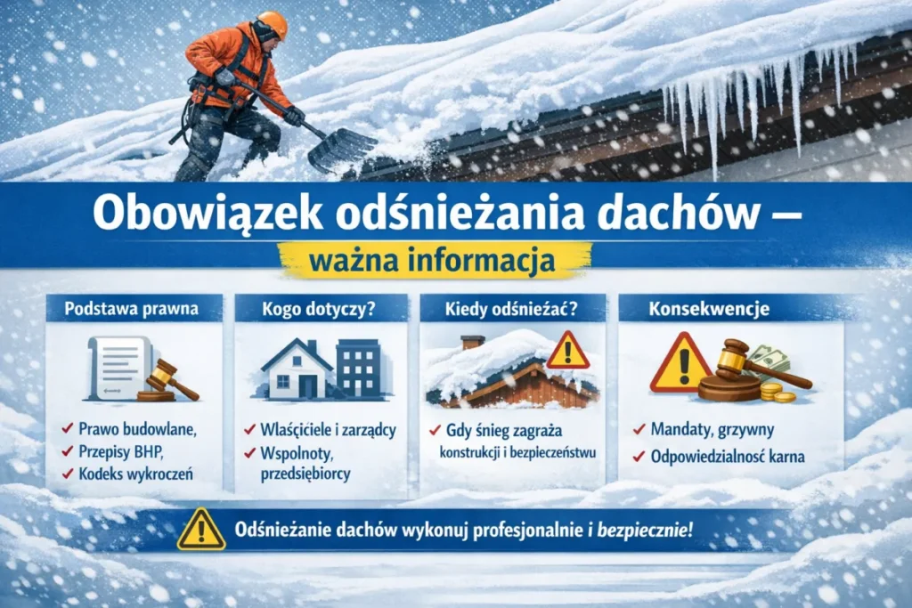 Plakat informacyjny w języku polskim przedstawiający obowiązek odśnieżania dachów. Osoba w zimowej odzieży usuwa śnieg z dachu, wokół widoczne są zaspy i sople lodu. Plakat zawiera informacje prawne, wskazania dla właścicieli i zarządców budynków, momenty wymagające odśnieżania oraz konsekwencje prawne. Na dole widnieje apel o profesjonalne i bezpieczne wykonywanie prac.